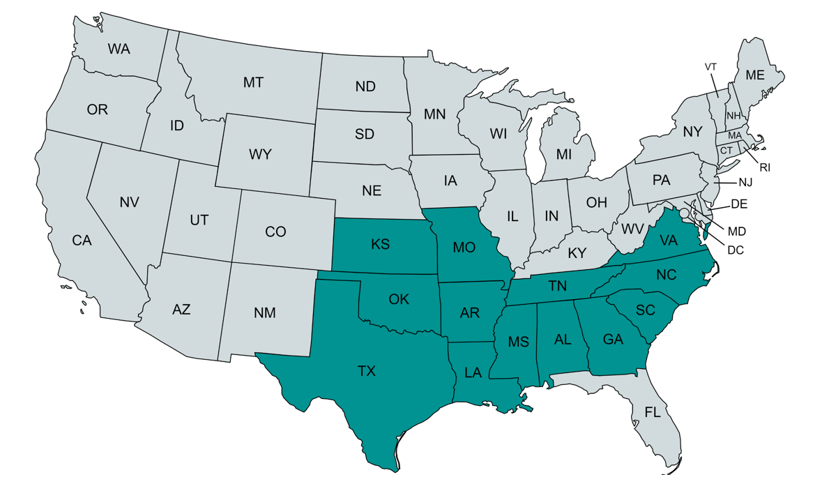 US Map with eligible states highlighted in teal