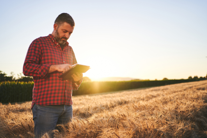 A man standing in a field of wheat holding a tablet