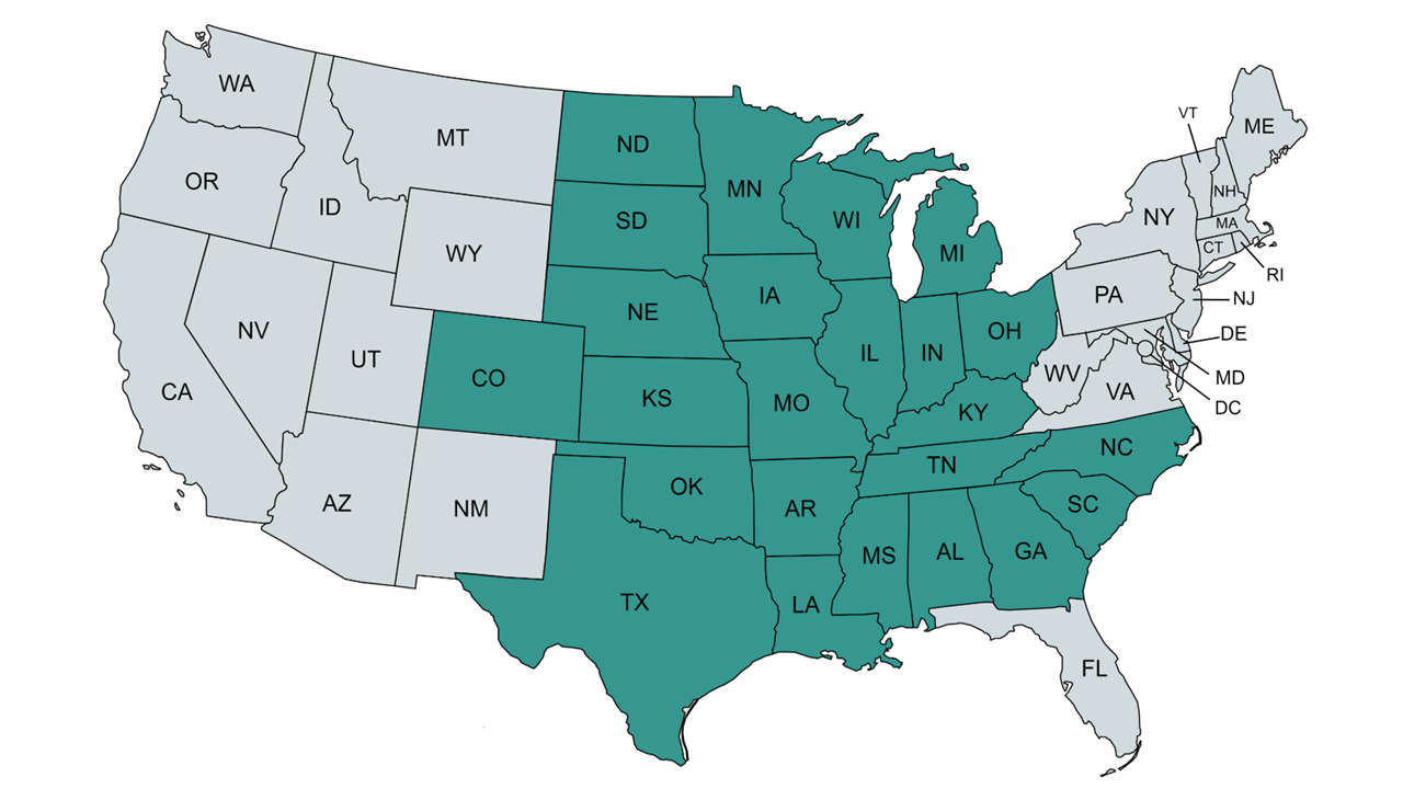 US Map with eligible states highlighted in teal